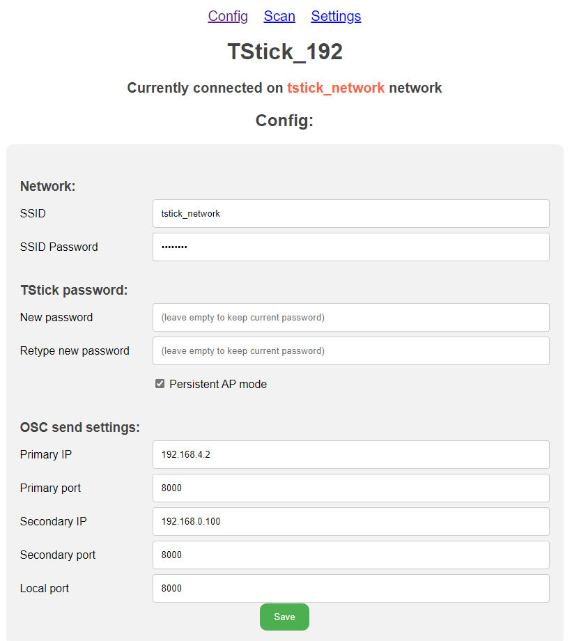 T-Stick Setup Page